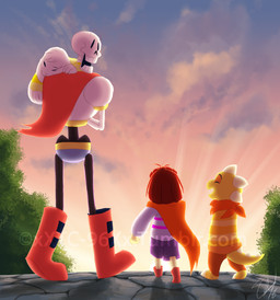 bone cape clothing fur group long_ears plant skeleton sky sleeping sunset tree white_body white_fur tc-96 undertale undertale_(series) asriel_dreemurr frisk_(undertale) monster_kid papyrus_(undertale) animated_skeleton boss_monster_(undertale) bovid caprine human lizard mammal reptile scalie undead hi_res