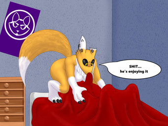 anthro bed bedroom duo ear_piercing ear_ring facesitting female flesh_tunnel furniture gauged_ear male male/female notched_ear piercing ring_piercing sitting sitting_on_another speech_bubble mike_santos bandai_namco digimon canid canine digimon_(species) mammal renamon 4:3 hi_res
