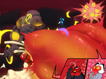 abdominal_bulge aggressive_fertilization anthro anthro_penetrating anthro_penetrating_humanoid arm_tattoo aroused balls big_balls black_body black_fur black_hair blue_eyes bodily_fluids bulge butt cuckold cuckold_impregnation cum cum_ballooning cum_in_vagina cum_inflation cum_inside cum_pool cybernetic_arm cybernetic_limb cybernetics dominant excessive_cum excessive_genital_fluids female forearm_tattoo forearms fur genital_fluids genitals glowing glowing_eyes glowing_genitalia glowing_markings glowing_tattoo glowing_tongue group hair huge_balls humanoid_genitalia humanoid_on_anthro humanoid_penetrated humanoid_penis hyper hyper_abdominal_bulge impregnation inflation larger_anthro larger_dom larger_male lips long_tongue looking_pleasured machine male male/female male/male male_anthro male_penetrated male_penetrating male_penetrating_male markings muscular muscular_male nipples nude_anthro nude_male penetration penis restrained restrained_by_tentacles ridiculous_fit sex size_difference smaller_female smaller_humanoid smaller_male smaller_penetrated sperm_cell sperm_cell_with_face sperm_dominating_ovum tail tattoo tentacles text tongue tongue_out trio white_body white_fur white_penis yellow_markings kafiro_element egyptian_mythology hellaverse helluva_boss middle_eastern_mythology mythology nintendo pokemon anubis anubis_rose_(character) millie_(helluva_boss) moxxie_(helluva_boss) canid canine deity eeveelution generation_2_pokemon humanoid imp mammal mythological_canine mythological_creature pokemon_(species) umbreon werecanid werecanine werecreature werewolf 4:3 absurd_res hi_res