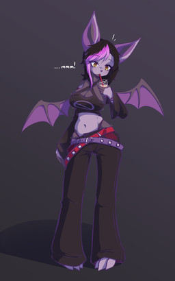 anthro beverage big_breasts black_hair breasts dialogue drinking female hair midriff multicolored_hair navel purple_body purple_hair shadow simple_background solo standing text wings yellow_eyes mazzlerazz bat mammal 5:8 absurd_res character_request english_text hi_res