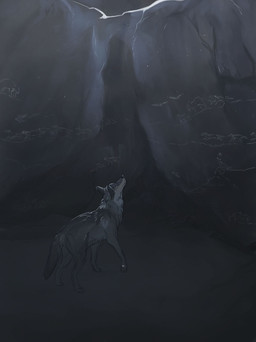 ambiguous_gender cave cave_painting feral fluffy fur looking_up night quadruped realistic_feral solo darianyunidi wolves_of_the_beyond faolan_macduncan canid canine canis mammal wolf 2017 detailed greyscale hi_res monochrome male_(lore)