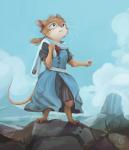 anthro brown_body brown_fur clothed clothing cloud dress female fur hair holding_object improvised_sling_(weapon) improvised_weapon pink_nose seashore sky sling_(weapon) solo standing tied_hair whiskers naviwavi redwall laterose_of_noonvale mammal mouse murid murine rodent hi_res