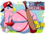 annoyed anthro backwards_hat baseball baseball_cap big_butt bottom_heavy butt clothing feathers half-closed_eyes hat headgear headwear huge_butt jockstrap male narrowed_eyes pear-shaped_figure pink_body pink_feathers solo text thick_thighs underwear wide_hips yellow_body yellow_skin gat0pussy24 avian bird english_text hi_res