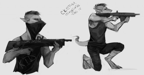 anthro bandage barefoot black_bottomwear black_clothing black_kerchief black_pants black_sclera black_shirt black_tank_top black_topwear bottomwear clothing covered_face ear_piercing feet gun holding_gun holding_object holding_ranged_weapon holding_weapon kerchief male pants piercing ranged_weapon shirt side_view simple_background solo tank_top text text_on_gun topwear weapon white_background akrolayn jack_(akrolayn) ambiguous_species 2015 digital_media_(artwork) digital_painting_(artwork) full-length_portrait half-length_portrait monochrome painting_(artwork) portrait russian_text