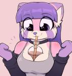 anthro between_breasts beverage breasts bubble_tea choker cleavage clothed clothing dipstick_ears drinking drinking_straw ear_markings eyelashes female hair jewelry long_hair multicolored_ears necklace object_between_breasts purple_eyes purple_hair purple_nose shirt simple_background solo tank_top topwear moozua hands-free_bubble_tea ailurid mammal red_panda 2019 absurd_res hi_res meme