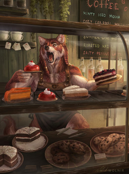 anthro apron barista black_lips black_nose cake clothed clothing cookie dessert food fur lips male open_mouth solo yellow_eyes wolnir mythology tirion_(suntattoowolf) canid canine mammal mythological_canine mythological_creature werecanid werecanine werecreature werewolf hi_res