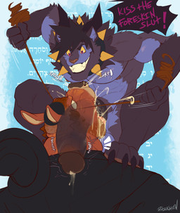 4_toes 5_fingers abs anthro anthro_on_anthro anthro_penetrated anthro_penetrating anthro_penetrating_anthro arm_tuft athletic athletic_anthro athletic_male balls beard big_penis black_hair black_horn black_penis bodily_fluids brown_glans brown_hair brown_nose chanting claws clothed clothing collar command cum cum_drip cum_in_mouth cum_inside cum_on_face cum_overflow curly_hair deep_throat degradation dialogue dominant dominant_anthro dominant_male dripping duo ejaculation elbow_tuft emanata erection exclamation_point face_fucking facial_hair feet feet_on_shoulders fingers foreskin from_front_position genital_fluids genitals glans grin hair headgear headwear horn humanoid_genitalia humanoid_penis internal irrumatio kippah larger_male larger_penetrated larger_sub long_penis looking_at_another looking_at_partner male male/male male_penetrated male_penetrating male_penetrating_male multicolored_body muscular muscular_male neck_bulge neck_tuft nipples nude nude_anthro nude_male on_top only_one_nude oral oral_penetration pecs penetration penile penile_penetration penis penis_in_mouth pink_eyes pulling_hair purple_balls purple_body religion religious_clothing religious_headwear religious_themes retracted_foreskin rough_sex screaming sex sidelocks simple_background size_difference slim small_top_big_bottom small_waist smaller_male smile spiked_collar spikes submissive submissive_anthro submissive_male teeth text throbbing throbbing_penis toe_claws toes toothy_grin touching_hair tuft two_tone_body vein veiny_penis x-ray_view ritsukaxan judaism camel camelid demon felid feline mammal 2026 absurd_res alternate_version_at_source artist_name colored digital_drawing_(artwork) digital_media_(artwork) english_text hebrew_text hi_res