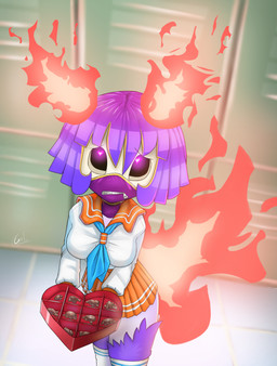 anthro asian_clothing biped black_body black_sclera bottomwear box_of_chocolates breasts candy chocolate clothed clothing dessert east_asian_clothing female fire flaming_tail food fur glowing glowing_eyes hair heart_eyes heart_symbol holding_object holidays inside japanese_clothing japanese_school_uniform looking_at_viewer medium_breasts orange_bottomwear orange_clothing orange_skirt pink_eyes purple_body purple_fur purple_hair school school_uniform serafuku shirt skirt solo tail topwear uniform white_clothing white_shirt white_topwear zipper zipper_mouth galo valentine's_day unknown_species 2025 absurd_res hi_res