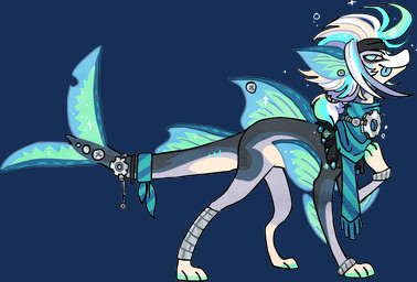 accessory alternative_fashion ambiguous_feral ambiguous_gender arm_fin black_headband blue_eyes blue_fin blue_tongue clothed clothed_feral clothing collar countershade_tail countershade_torso countershading digitigrade dorsal_fin feral feral_with_hair fin fish_tail furgonomics gear gear_collar grey_collar hair headband highlights_(coloring) looking_back metal_collar mostly_nude multicolored_hair pattern_clothing pattern_scarf paws quadruped raised_arm scarf screw simple_background solo sparkles striped_clothing striped_scarf stripes tail tail_accessory tail_fin tailband teal_scarf tongue tongue_out transparent_background griffsnuff aquatic fish hybrid alpha_channel cel_shading cool_colors digital_drawing_(artwork) digital_media_(artwork) shaded