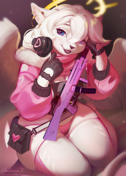 5_fingers anthro blue_eyes breasts clothing female fingers front_view fur gloves gun hair handwear holding_gun holding_object holding_ranged_weapon holding_weapon kneeling looking_at_viewer mp5 panties ranged_weapon smile solo submachine_gun tail topwear underwear weapon white_body white_fur white_hair white_tail wings hackainax heartwood domestic_cat felid feline felis mammal hi_res