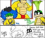 anthro bracelet bulge clothing dialogue eyewear glasses group hand_on_chin hat headgear headwear jewelry male muscular muscular_male painting_(object) profanity spiked_bracelet spikes text trio underwear wristband bobthetanuki mario_bros nintendo bowser iggy_koopa koopaling ludwig_von_koopa koopa scalie comic digital_drawing_(artwork) digital_media_(artwork) english_text incest_(lore)