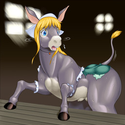 after_transformation blonde_hair blue_eyes bodily_fluids clothing female feral hair hat hat_only headgear headgear_only headwear headwear_only hooves jewelry mostly_nude open_mouth pendant solo sweat tears teats thick_thighs tongue torn_clothing transformation kasetsu_hanga asinus donkey equid equine mammal 1:1 2015