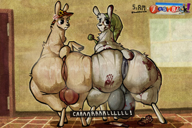 anus backsack balls big_balls big_butt blood blood_on_butt blood_on_knife bodily_fluids bone butt butts_touching caption clothing feral flower_on_hat genitals gore hand_print hat headgear headwear huge_balls huge_butt knife male male/male red_clothing red_hat red_headwear sharp_teeth teeth thick_thighs y_anus snackaftermidnight llamas_with_hats carl_(llamas_with_hats) paul_(llamas_with_hats) camelid llama mammal 3:2 hi_res