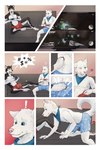 2019 2:3 anthro blue_clothing blue_eyes blue_kerchief blue_underwear border boxer_briefs boxers_(clothing) bulge bulge_fondling canid canine canis clothed clothing comic controller countershading crawling dialogue dice_akita domestic_dog duo edesk electronics emanata exclamation_point feet foot_on_crotch foot_on_stomach furniture game_controller gaming heart_symbol heterochromia hi_res husky kerchief male male/male mammal motion_lines navel nordic_sled_dog paws playing_video_game profanity question_mark red_clothing red_underwear shane_(shane) sitting sofa speech_bubble spitz television underwear underwear_only white_border wolf