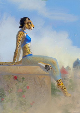4_toes anthro black_pawpads blue_eyes breasts clothed clothing day detailed_background digitigrade feet female fingers fur hair markings midriff outside pawpads sitting sky small_breasts spots spotted_body spotted_fur toes ariesredlo felid feline leopard mammal pantherine absurd_res digital_media_(artwork) digital_painting_(artwork) hi_res painting_(artwork)