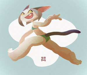 4_toes anthro barefoot black_tail clothing ears_back feet female fur green_clothing green_swimwear looking_back open_mouth pivoted_ears running simple_background solo swimwear tail teeth teeth_showing toes two-piece_swimsuit white_body white_fur yellow_eyes fu_go_fu_go felid feline felis mammal hi_res