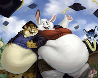 4_fingers anthro bottomwear buckteeth clothing detailed_background electronics eyebrows fingers fur fur_markings graduation graduation_cap graduation_ceremony group hair male male/male markings microphone moobs obese overweight paws plant rabbit_ears shorts spots spotted_body spotted_fur teeth tree trio whisker_spots whiskers kygen chad_(plokishmok3) kygen_(kygen) toby_(plokishmok3) cheetah felid feline kangaroo lagomorph leporid macropod mammal marsupial rabbit 2019 5:4 signature