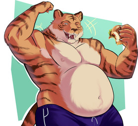 5_fingers anthro belly burger fingers food fur holding_burger holding_food holding_object male markings musclegut muscular muscular_arms navel nipples one_eye_closed open_mouth simple_background solo striped_body striped_fur striped_markings stripes tail mochi_cream38 beastars bill_(beastars) felid mammal pantherine tiger hi_res