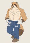 anthro black_nose bottomwear brown_body brown_fur clothing eyes_closed fur humanoid_hands kemono male muscular muscular_anthro muscular_male nipples pants simple_background solo jacklantern_11 canid canine mammal raccoon_dog tanuki 2020