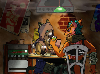 4_fingers ambiguous_gender anthro ashtray beverage beverage_can book bottle bottomwear brick brick_wall brown_body camo camo_bottomwear camo_clothing camo_pants camo_print chair clothing container detailed_background dog_tags duo fingers food fries furniture glass hair holding_beverage holding_book holding_object hoodie inside lamp looking_at_viewer looking_back looking_back_at_viewer midriff notched_ear on_chair orange_body pants pattern_bottomwear pattern_clothing pattern_pants poster_(object) scar scarf shirt sitting table tank_top teal_hair text topwear torn_ear wall_(structure) boguscypress project_silverfish inheritor lizard reptile scalie 2026 english_text hi_res signature