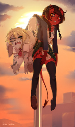 anthro big_ears black_hair blonde_hair bodily_fluids body_writing braided_hair buckteeth bullying clean_diaper clothed clothing crying detailed_background diaper diaper_fetish duo eyewear glasses hair horn legwear pole red_body school_uniform stockings sunset tally_marks tears teeth uniform wearing_diaper wedgie western_tally_marks young merunyaa magister_jezza meru_(merunyaa) demon humanoid succubus 2019 hi_res