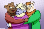 anthro brown_body brown_fur clothed clothing eyes_closed fur group hair happy heart_symbol hoodie horn hug male neck_tuft one_eye_closed open_mouth orange_hair shirt simple_background slightly_chubby slightly_chubby_male smile sweater tank_top teeth throuple tongue topwear trio tuft tooundone bear bovid caprine mammal sheep 3:2 digital_media_(artwork) hi_res