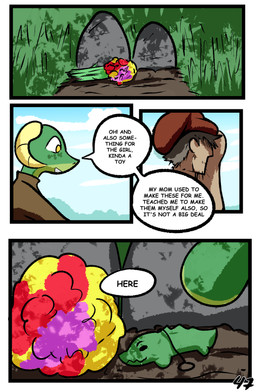 anthro clothed clothing dialogue duo female flower horn male plant speech_bubble text yellow_eyes brradett lernie_(brradett) human mammal scalie absurd_res colored comic digital_media_(artwork) english_text hi_res