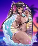 accessory arm_tattoo bikini black_bikini black_clothing black_hair black_lipstick black_swimwear braided_hair breasts butt clothing eyebrows eyelashes eyewear female flower flower_in_hair glistening glistening_body glistening_breasts glistening_butt glistening_skin hair hair_accessory hand_on_hip humanoid_pointy_ears lipstick makeup not_furry plant pointy_ears side_boob solo sunglasses swimwear tattoo two-piece_swimsuit water rosenskye baldur's_gate baldur's_gate_3 larian_studios shadowheart_(baldur's_gate) elf humanoid 2025
