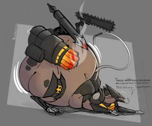 big_butt black_body bottom_heavy butt chainsaw dialogue duo gatling_gun glowing glowing_eyes gun hyper machine machine_gun male male/male monobutt multicolored_body power_tool ranged_weapon red_eyes rocket_launcher simple_background tail tan_body text tongue tongue_out tools weapon smokey_blokey konami metal_gear metal_gear_rising:_revengeance platinumgames blade_wolf robot robot_feral 2025 english_text hi_res