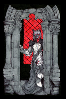 anthro armor balls blood bodily_fluids bottomwear clothed clothing dress fangs fur genitals licking licking_lips looking_at_viewer looking_forward male masonry muscular muscular_anthro muscular_male partially_clothed simple_background solo striped_body striped_fur stripes teeth tongue tongue_out wardrobe_malfunction momamo hyena mammal striped_hyena vampire 2024 2:3 absurd_res hi_res traditional_media_(artwork)