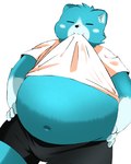 anthro belly big_belly black_nose blue_body blue_fur bottomwear bulge clothing fur kemono male navel overweight overweight_male shirt shorts simple_background solo topwear white_background trail_arnak nintendo oracle_of_ages oracle_of_seasons the_legend_of_zelda moosh bear mammal 2021 hi_res