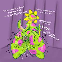 anal anthro big_butt blush blush_lines bodily_fluids butt cross-eyed dirty_talk female genital_fluids genitals green_body melee_weapon onomatopoeia overweight overweight_female plant shake_lines simple_background solo sound_effects standing sword tail text thick_thighs vaginal_fluids vulva weapon niannn deltarune undertale_(series) elemental_creature flora_fauna floradinn 1:1 english_text hi_res