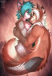 anthro blue_hair brown_body brown_fur duo fur grey_body grey_fur grey_nose grey_tail hair hug leopard_spots male male/male orange_tail red_eyes side_view smile spots tail text white_hair slushie-nyappy-paws djijey_hellfire reaper_(djijey_hellfire) canid canine felid fox mammal pantherine snow_leopard digital_media_(artwork) hi_res url watermark