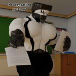 anthro beard big_pecs black_body black_bottomwear black_clothing black_pants black_skin black_text bottomwear chalkboard classroom clothing facial_hair fangs frown frowning_at_viewer grade holding_object holding_paper homework jacket looking_at_viewer male muscular pants paper pecs school solo teeth text topwear white_clothing white_jacket white_topwear albalbalb alphabet_(mike_salcedo) f_(mike_salcedo) animate_inanimate humanoid letter_creature 1:1 2023 3d_(artwork) digital_media_(artwork) english_text hi_res