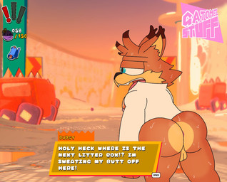 anthro backsack balls blue_eyes bodily_fluids butt dialogue fur genitals male orange_body orange_fur solo speech_bubble sweat sweatdrop sweaty_butt text catmel_stuff bubsy_(series) bubsy_bobcat bobcat felid feline lynx mammal english_text hi_res