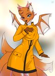 anthro biped blue_eyes blurred_background clothed clothing coat countershade_face countershade_fur countershading dipstick_tail eyebrows eyelashes female fur heterochromia inner_ear_fluff markings membrane_(anatomy) membranous_wings multi_tail orange_body orange_fur pink_eyes raincoat solo standing tail tail_markings topwear tuft white_body white_fur white_tail_tip wings yellow_raincoat v3nusbby goo_creature mammal species_request 2022 absurd_res artist_name digital_media_(artwork) hi_res