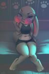 anthro bedroom_eyes bottomwear clothing eyewear female fur glasses grey_body grey_fur half-closed_eyes looking_at_viewer midriff miniskirt narrowed_eyes purple_eyes seductive skirt solo thick_thighs topwear miles_df disney zootopia judy_hopps lagomorph leporid mammal rabbit 2020 2:3