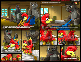 animal_genitalia anthro backpack bdsm bed belt blue_eyes bondage bound butt_slap cloaca female forced furniture genitals green_eyes group male punishment restraints slap spanking text young young_anthro kitsune_youkai banjo-kazooie rareware kazooie avian bird breegull domestic_cat felid feline felis mammal procyonid raccoon rhinoceros 2013 comic english_text lol_comments