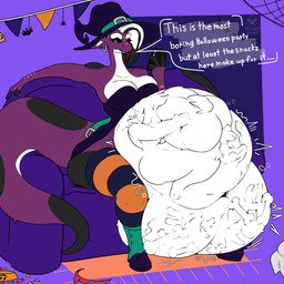 anthro belly big_belly bones_in_stomach clothing female furniture halloween_decoration hat headgear headwear multiple_prey rumbling_stomach simple_background simple_coloring sofa struggling text vore witch_costume witch_hat hungry_lamb scalie slime_dragon 1:1 english_text hi_res