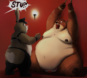 anthro belly big_belly bound butt caught_in_the_act chaps clothed clothing duo force_feeding forced hands_tied hands_tied_above_head harness hat headgear headwear looking_back male male/male moobs morbidly_obese mostly_nude nipples obese obese_male offscreen_character overweight overweight_male pawpads pink_nose sitting text underwear underwear_only thygorforgeglow disney zootopia gideon_grey stu_hopps canid canine fox lagomorph leporid mammal rabbit red_fox true_fox 2025 hi_res