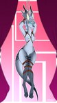 anthro bald bdsm belly blue_eyes bondage bound breasts claws curtains female genitals grey_body grey_nipples highlights_(coloring) horn innie_pussy long_body long_neck markings navel nipples pussy restraints rope rope_bondage simple_background slim smile solo spots spotted_body suspension tail thick_thighs meddy mythology dragon mythological_creature mythological_scalie reptile scalie absurd_res hi_res