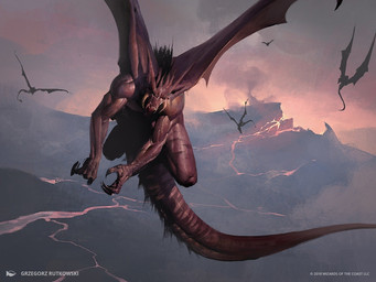 anthro claws detailed_background flying group male membrane_(anatomy) membranous_wings mountain muscular muscular_male outside red_body river smoke solo_focus tail wings 88grzes hasbro magic:_the_gathering mythology wizards_of_the_coast dragon mythological_creature mythological_scalie scalie 2018 4:3 official_art