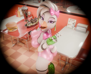 5_fingers accessory anthro beak big_breasts bottomwear bow_ribbon bracelet breasts burger butt cafe checkered checkered_floor clothing dessert ear_piercing eyeshadow female fingerless_gloves fingers food furniture gesture glistening glistening_bottomwear glistening_clothing glistening_shirt glistening_shorts glistening_topwear gloves green_clothing green_fingerless_gloves green_gloves green_handwear hair hair_accessory hair_bow hair_ribbon hand_gesture handwear happy holding_tray ice_cream inside jewelry leg_warmers legwear machine makeup non-mammal_breasts open_beak open_mouth open_smile piercing pink_bottomwear pink_clothing pink_eyeshadow pink_shirt pink_shorts pink_topwear purple_eyes ribbons scut_tail shirt short_hair short_tail shorts shoulder_pads sleeveless_shirt smile smiling_at_viewer solo standing studded_bracelet studded_jewelry studs table tail topwear v_sign white_body white_hair wide_hips impaer_jaster mayosplash_(modeler) five_nights_at_freddy's five_nights_at_freddy's:_security_breach scottgames steel_wool_studios glamrock_chica animatronic avian bird chicken galliform phasianid robot robot_anthro 2026 3d_(artwork) digital_media_(artwork) hi_res watermark
