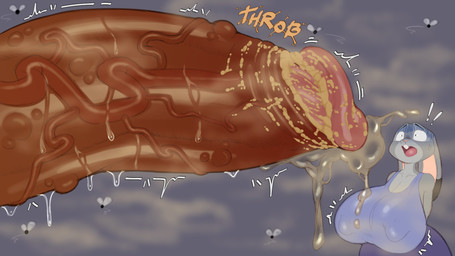 anthro big_breasts big_penis bodily_fluids breasts clothing dipstick_ears duo ear_markings erection female genital_fluids genitals grey_body huge_breasts huge_penis hyper hyper_genitalia hyper_penis imminent_rape imminent_sex male markings multicolored_ears nipple_outline onomatopoeia penis precum shirt smegma smegma_on_penis solo_focus sound_effects text topwear vein veiny_penis capy_b disney zootopia judy_hopps arthropod fly_(animal) insect lagomorph leporid mammal rabbit 16:9 english_text hi_res widescreen