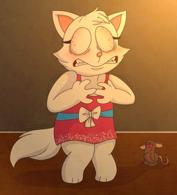 anthro bloodshot_eyes brown_body brown_fur brown_wall clothing dress duo fangs female floor fur inside male pink_clothing pink_dress pink_nose pink_tail red_sclera ribbons shaking tail teeth tuft white_body white_fur wood wood_floor young young_female saltypupcake talking_maria domestic_cat felid feline felis mammal murid murine rat rodent hi_res