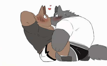 anthro barazoku black_body black_fur blush bodily_fluids bottomwear brown_body brown_fur clothing duo exercise eyes_closed fur kemono kissing male male/male shirt shorts simple_background sweat topwear white_background workout hyaku_(artist) canid canine canis domestic_dog mammal 2021 animated no_sound short_playtime video