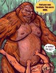 5_fingers anthro anthro_on_anthro ape austin_(night_physics) bear beard big_dom_small_sub blush bodily_fluids brown_body brown_fur brown_hair cum dialogue dominant dramamine duo english_text facial_hair facial_piercing fingers fur genital_fluids gigantopithecus gorilla hair haplorhine hi_res looking_at_viewer male male/male mammal musclegut muscular navel nipple_piercing nipples nose_piercing nude obese outside overweight piercing primate profanity scar sex size_difference speech_bubble text
