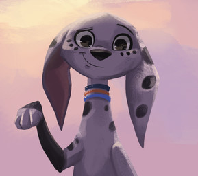 backlighting black_body black_eyes black_fur black_nose black_spots blue_collar cloud cloudy_sky collar dusk eyebrows female feral floppy_ears freckled_face freckles fur gradient_background head_turned leg_markings light long_ears looking_at_viewer markings one_paw_up orange_collar pink_inner_ear pink_sky screenshot_redraw simple_background sky smile smiling_at_viewer smirk smirking_at_viewer socks_(marking) solo spots spotted_body spotted_fur textured_background twilight white_body white_fur antanariva 101_dalmatian_street 101_dalmatians disney dolly_(101_dalmatians) canid canine canis dalmatian domestic_dog mammal 2019 bust_portrait digital_media_(artwork) digital_painting_(artwork) headshot_portrait lighting lineless painting_(artwork) portrait shaded soft_shading