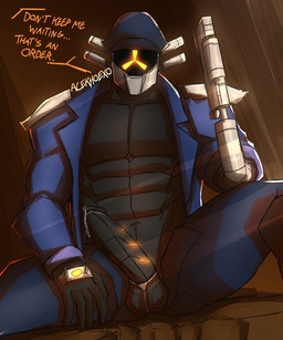 abs black_clothing black_glans black_gloves black_handwear black_penis blue_clothing blue_jacket blue_topwear bodily_fluids bottomwear circumcised clothed clothing commanding_viewer erection faceless_character faceless_humanoid faceless_male genital_fluids genitals glans gloves glowing glowing_eyes glowing_genitalia glowing_markings glowing_penis grey_bottomwear grey_clothing grey_pants hand_on_leg hand_on_thigh handwear imminent_sex jacket leaking_precum looking_at_viewer machine male markings muscular muscular_humanoid muscular_male open_bottomwear open_clothing open_pants pants pecs penis precum precum_on_penis precum_string presenting prosthetic prosthetic_arm prosthetic_limb segmented_penis shoulder_guards simple_background sitting solo spread_legs spreading text topwear unzipped unzipped_pants weapon weapon_prosthetic zipper acekhoexo risk_of_rain captain_(risk_of_rain) humanoid robot 2025 5:6 hi_res signature