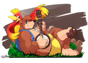 4_toes anthro banjo_(instrument) barefoot belly big_belly black_nose blue_eyes bottomwear brown_body brown_fur brown_pawpads claws closed_smile clothing duo feet finger_claws fur gloves_(marking) grass green_eyes holding_banjo jewelry leg_markings lying male markings mouth_closed musical_instrument necklace on_back open_mouth open_smile overweight overweight_anthro overweight_male pawpads paws plant plantigrade plucked_string_instrument red_body red_wings shark_tooth_necklace shorts smile socks_(marking) soles string_instrument tan_body tan_fur toe_claws toes wings yellow_body yellow_bottomwear yellow_clothing yellow_shorts yellow_wings pache_riggs banjo-kazooie rareware banjo_(banjo-kazooie) kazooie avian bear mammal hi_res signature